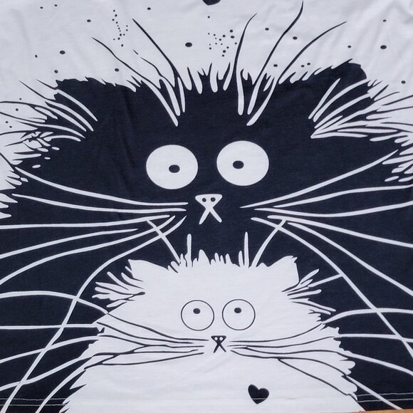 Miss Look Black and White Cartoon Cats on White Long Sleeve Tunic Tee - L - Picture 2 of 6